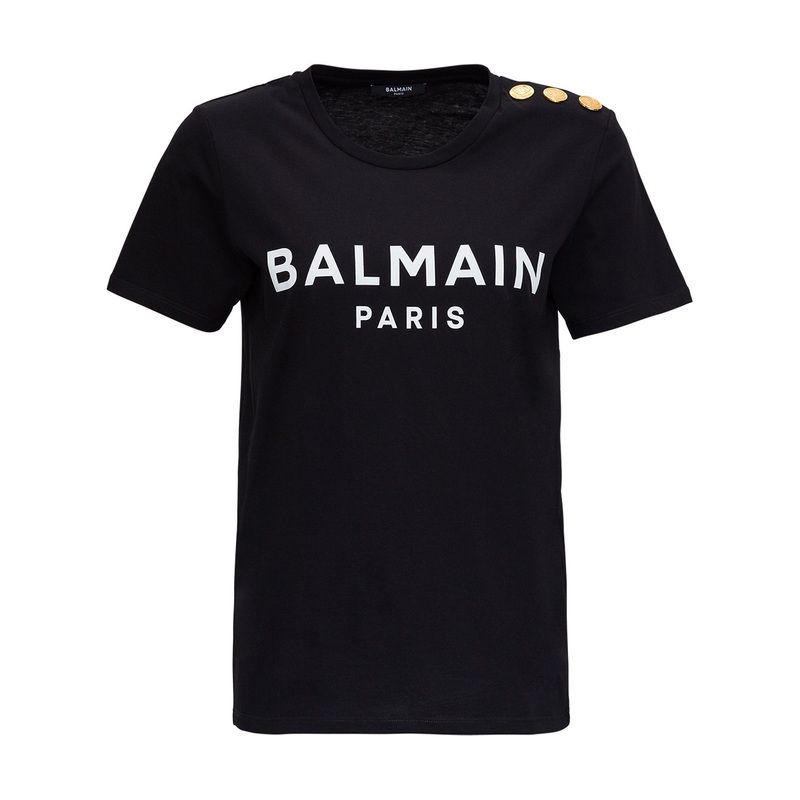Black Crewneck T-Shirt with Logo Print and Golden Buttons in Jersey Woman