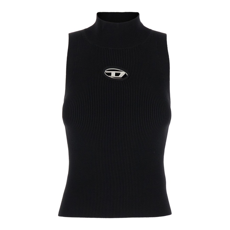 Black Tank Top with D Logo Cut-Out in Ribbed Jersey Woman