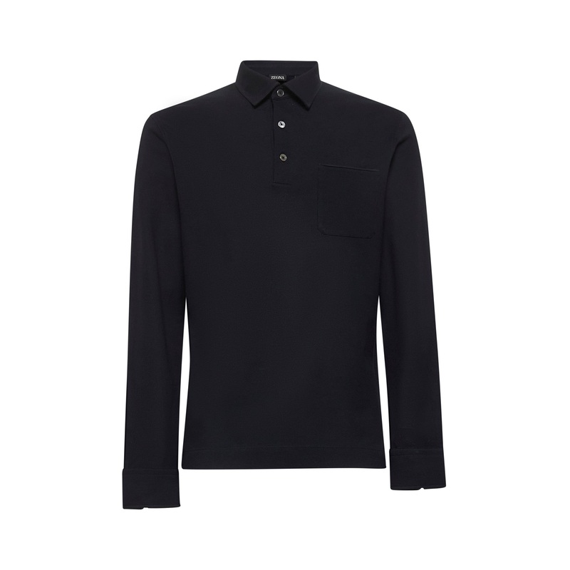 Blue cotton piquet long-sleeved polo shirt