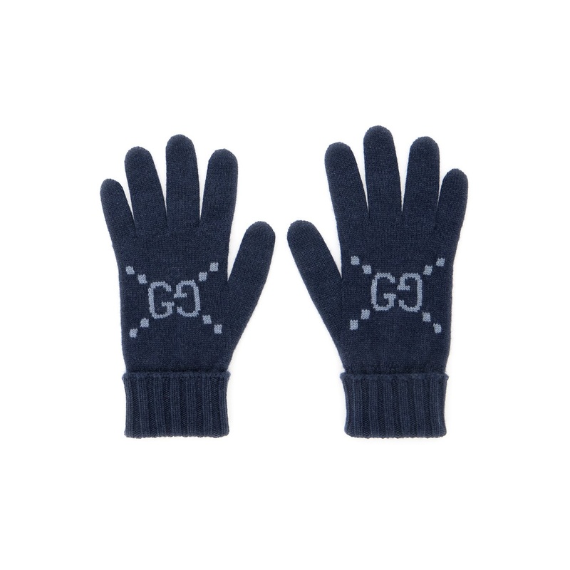 Blue Gloves with GG Logo Detail on the Front in Cashmere Woman