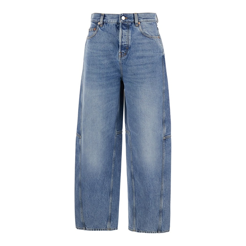 Blue Jeans with Logo Patch on the Rear and Wide Leg in Denim Woman