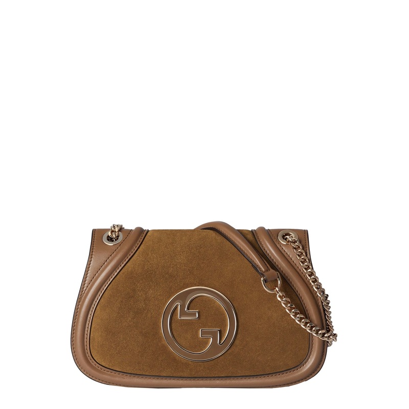 Brown Handbag with Double G Plaque on the Front and Adjustable and Removable Chain-Link Shoulder Strap in Suede Woman