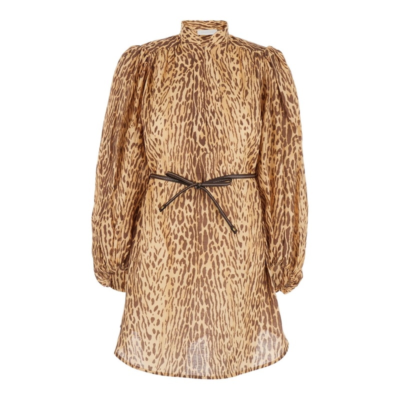 ‘Cascadian’ Beige Tunic Dress with Stand-Up Collar and All-Over Leopard Print in Linen Woman