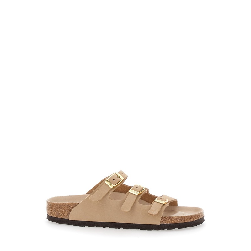 ‘Florida’ Beige Sandals with Buckle with Logo Lettering in Leather Woman