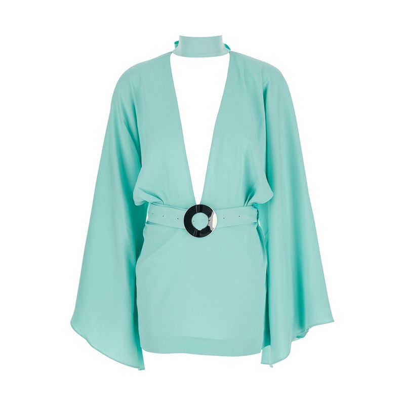 ‘Florida’ Light Blue Mini Dress with Adjustable Belt on the Front and Maxi Bow on the Rear in Tech Fabric Woman