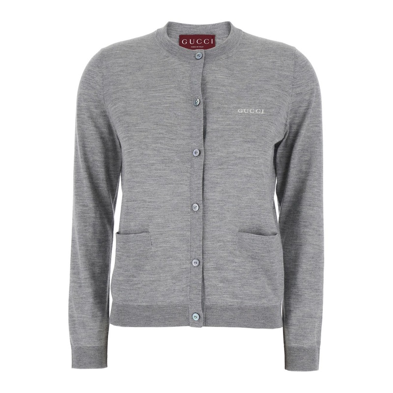 Grey Cardigan with Round Neck and Logo Lettering Embroidery on the Front in Cashmere and Silk Woman