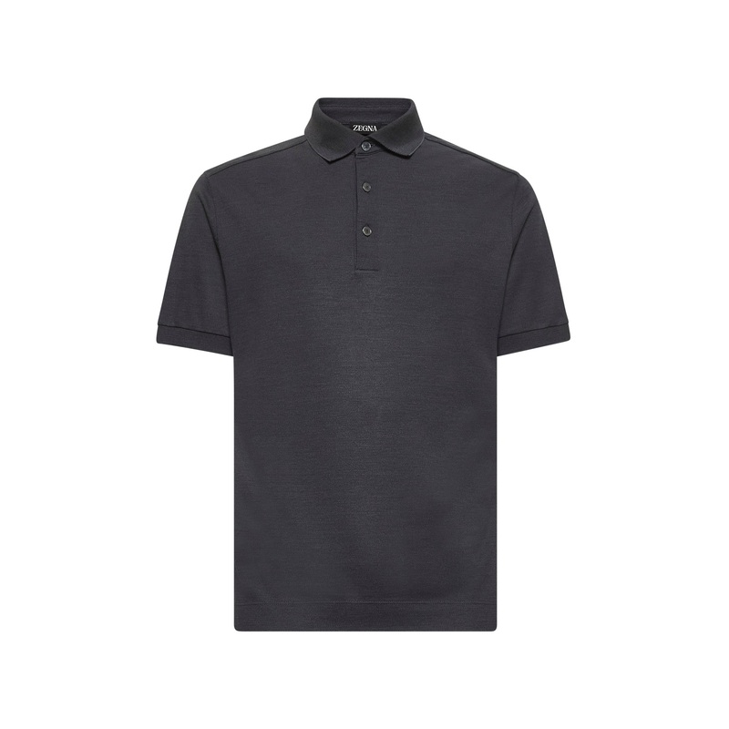 Grey cotton and silk piquet polo shirt