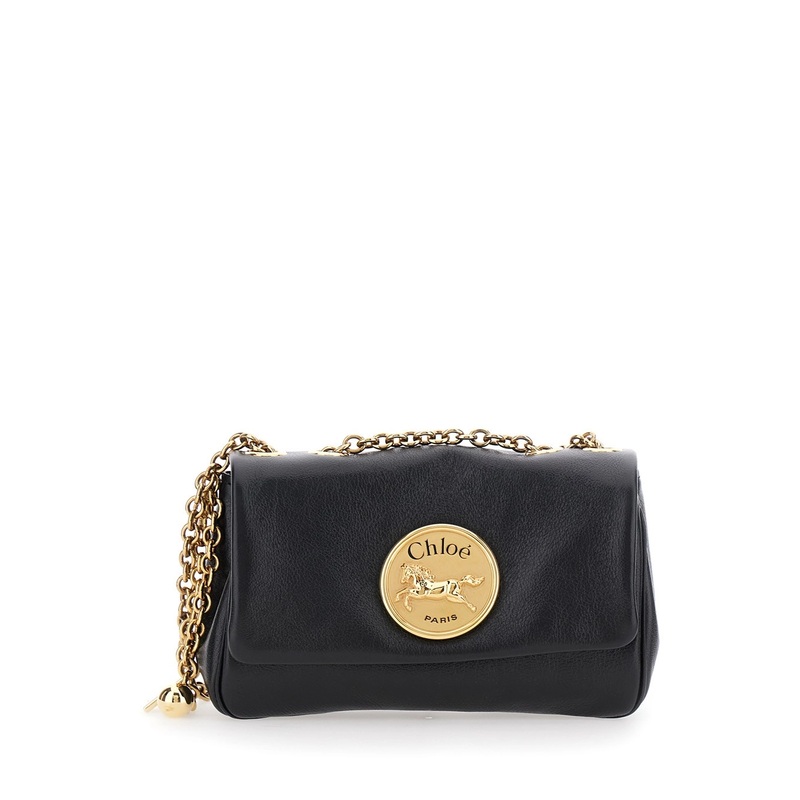 ‘Heritage’ Black Shoulder Bag with Chain-Link Shoulder Strap and Logo Plaque on the Front in Leather Woman