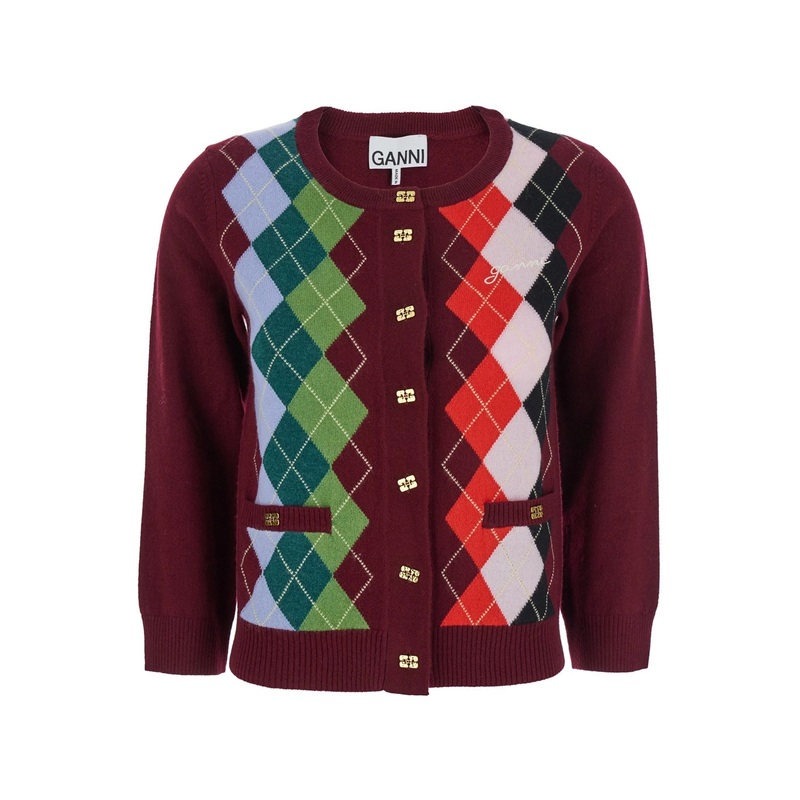 Multicolor Crewneck Cardigan with Jewel Buttons and Gemetric Motif on the Front in Wool and Cashmere Woman