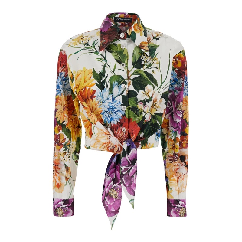 Multicolor Cropped Shirt with Tie Closure on the Front and All-Over Floral Print in Cotton Woman