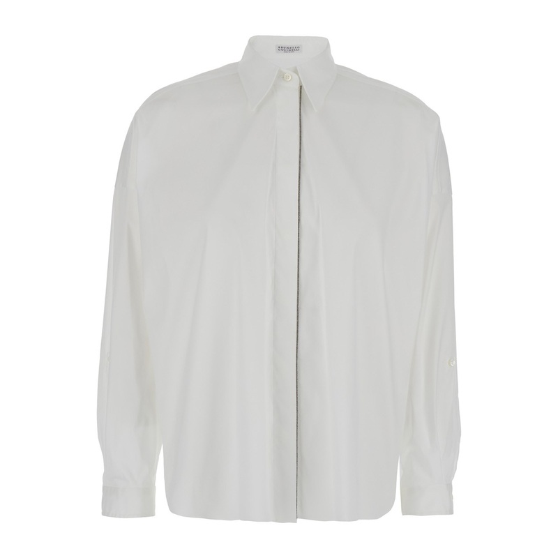 Oversized White Shirt with Monile Detail in Cotton Blend Woman