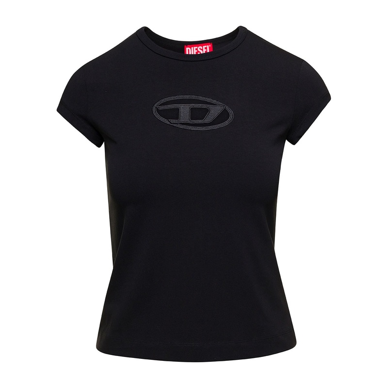 ‘T-Angie’ Black Crewneck T-Shirt with Oval D Logo Embroidery on the Front in Cotton Stretch Woman
