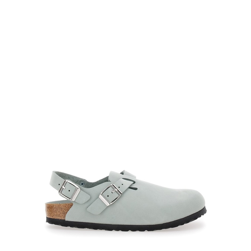 ‘Tokio’ Light Blue Mules with Buckles on the Front and Back in Leather Woman