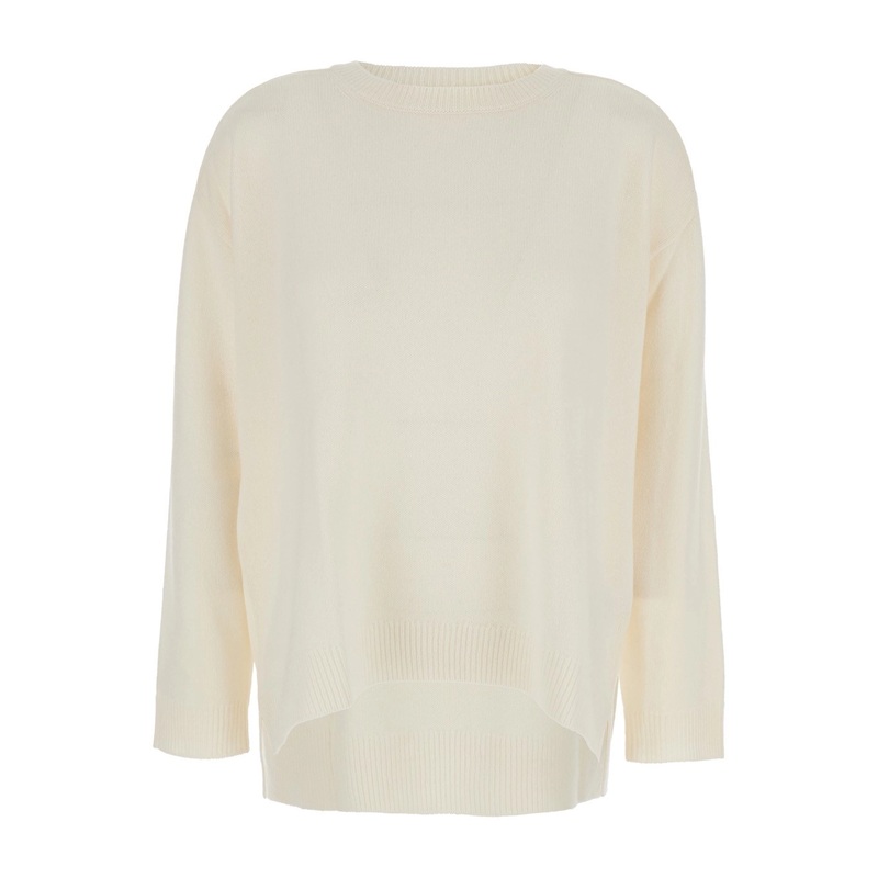 White Crewneck Sweater with Asymmetric Hem in Wool and Cashmere Woman