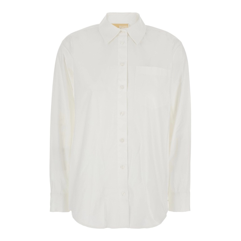 White Shirt with Button Down Collar and Logo Plaque on the Rear in Cotton Stretch Woman