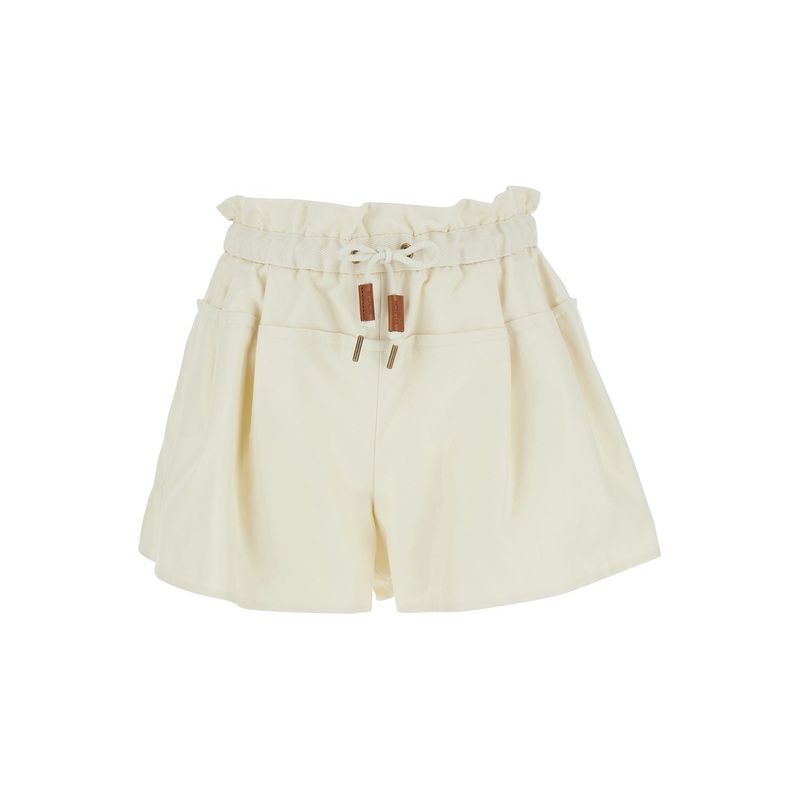 White Shorts with Layered Design and Drawstring on the Front in Cotton Blend Woman