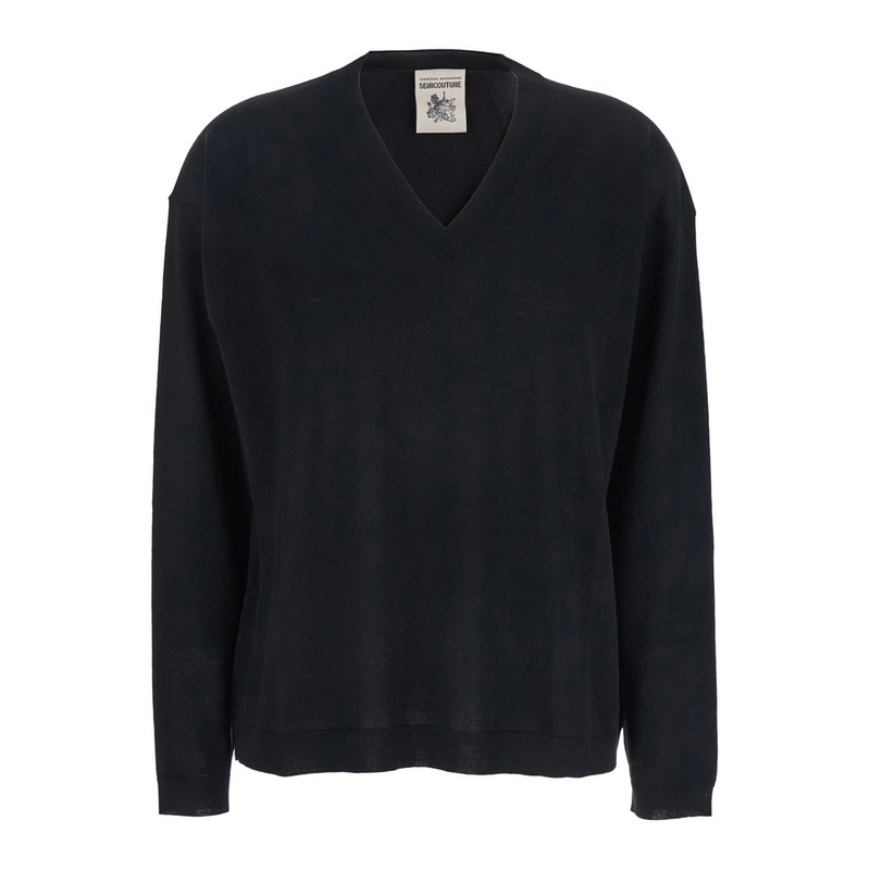 Black Sweater with V Neck and Ribbed Trims in Wool Woman