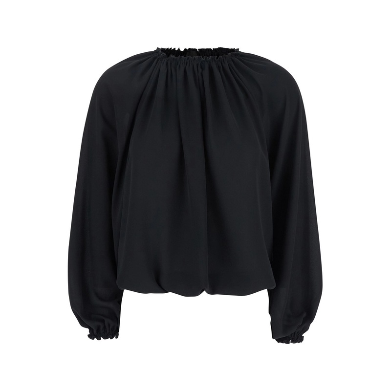 Black Top with Dropped Shoulders and Curlsin Fabric Woman