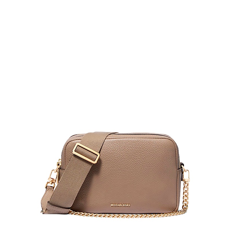 ‘Bryant’ Grey Shoulder Bag with Logo Lettering on the Front and Chain Shoulder Strap in Hammered Leather Woman