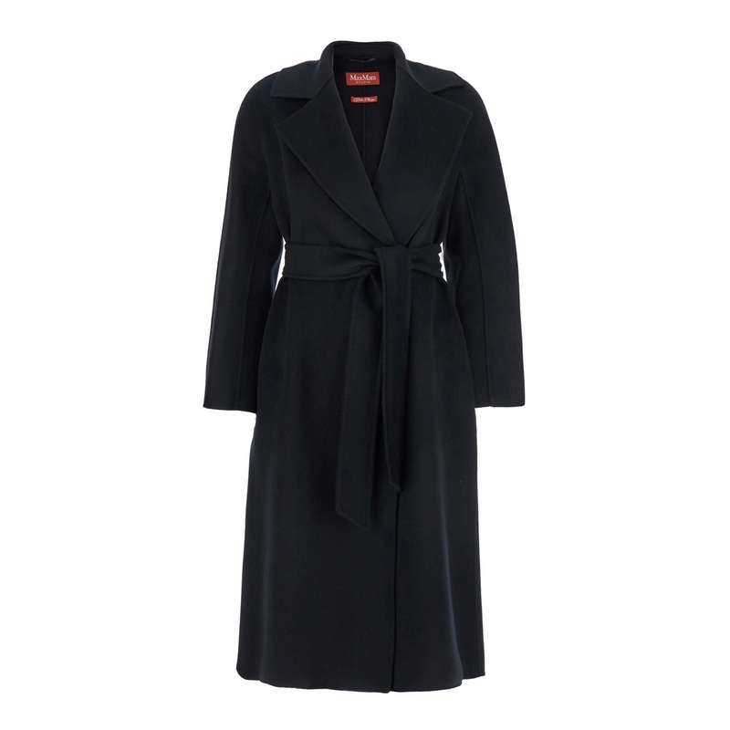 ‘Cles’ Black Coat with Notched Collar and Front Adjustable Belt Closure in Wool and Cashmere Blend Woman