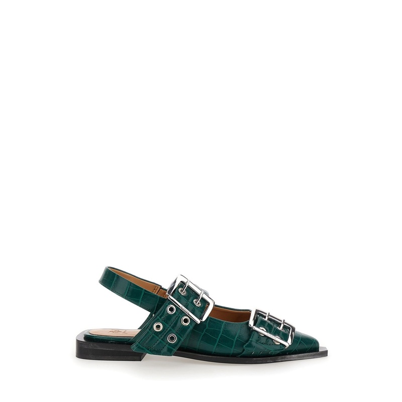 Green Ballet Shoes with Double Buckle and Pointed Design in Leather Woman