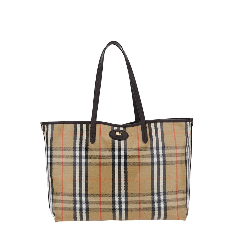 ‘Highlanders’ Beige Medium Tote Bag with EKD Patch on the Front and All-Over Check Motif in Cotton Blend Woman