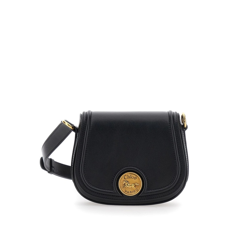 ‘Horse Medal’ Black Shoulder Bag with Adjustable and Removable Shoulder Strap and Logo Plaque on the Front in Leather Woman