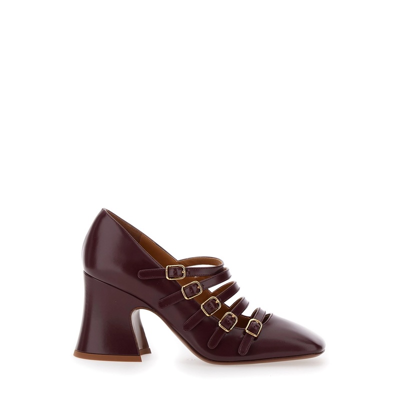 ‘Janis’ Bordeaux Dcollet with Banded Design and Large Heel in Leather Woman