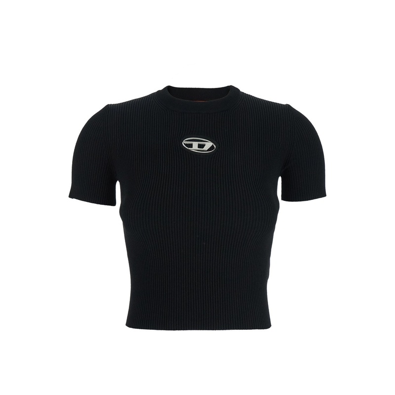 ‘M-Valari’ Black Crewneck T-Shirt with Logo on the Front in Viscose Blend Woman
