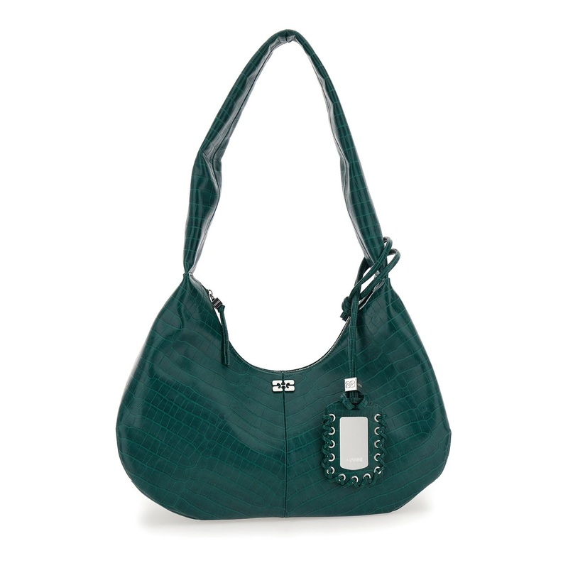 ‘Medium Bou’ Green Shoulder Bag with Crocodile Leather Effect and Logo Plaque in Leather Woman