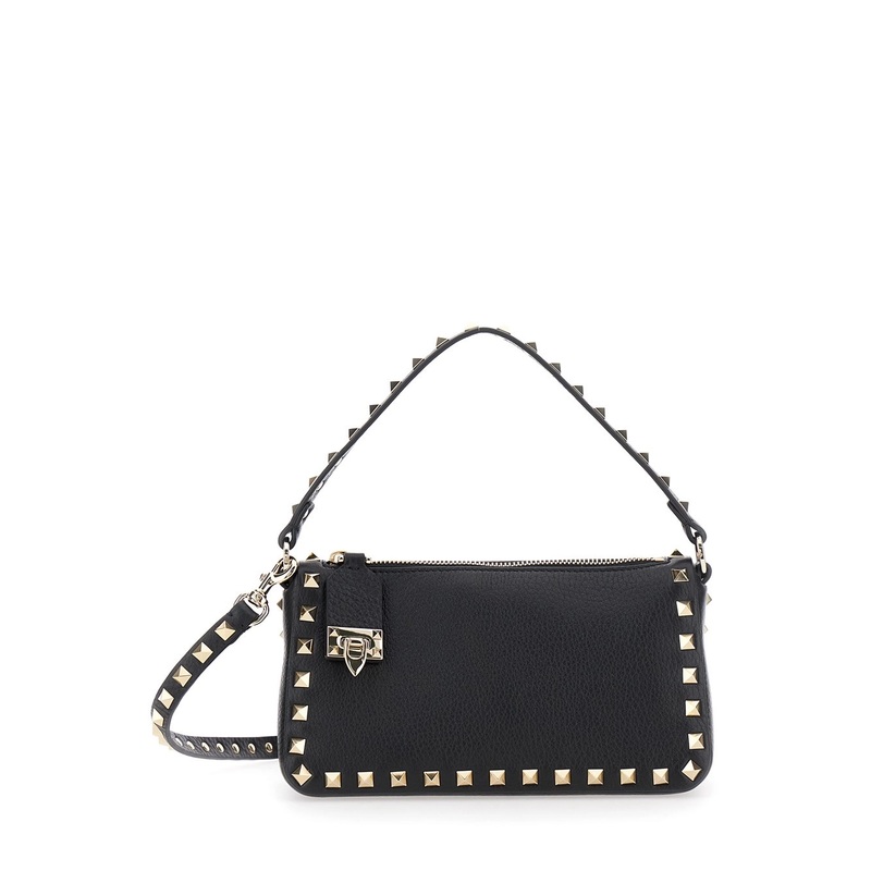 ‘Rockstud’ Black Small Handbag with All-Over Rockstud Embellishments and Rear Embossed Logo Lettering in Grained Leather Woman