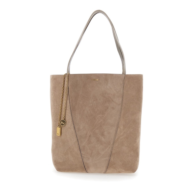 ‘Spin’ Grey Shoulder Bag with Chain-Link Detail with Logo Charm in Suede Woman