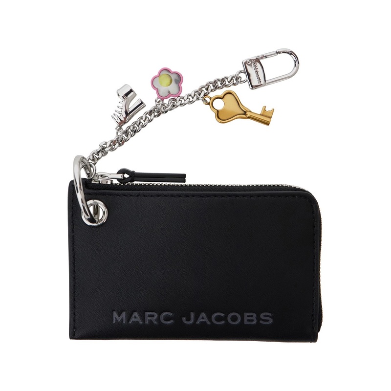 ‘The Coin Purse Charm’ Black Keychain with Logo Lettering on the Front and Charm Embellishments in Grained Leather Woman