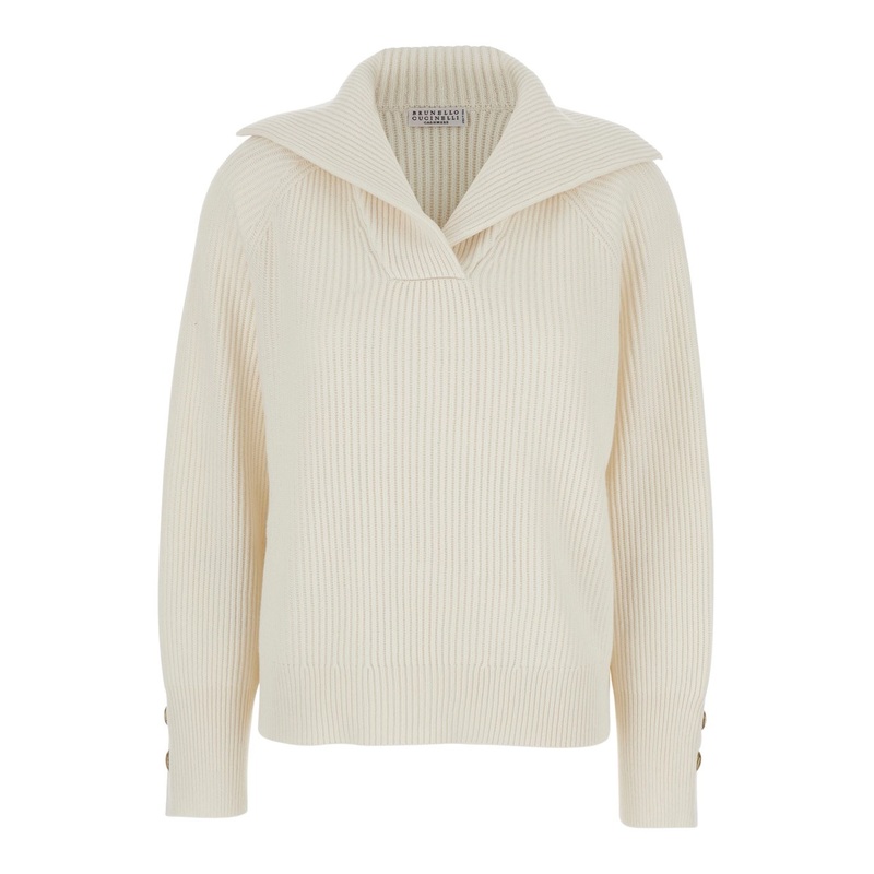 White Ribbed Knit Sweater with V Neck in Wool and Cashmere Blend Woman