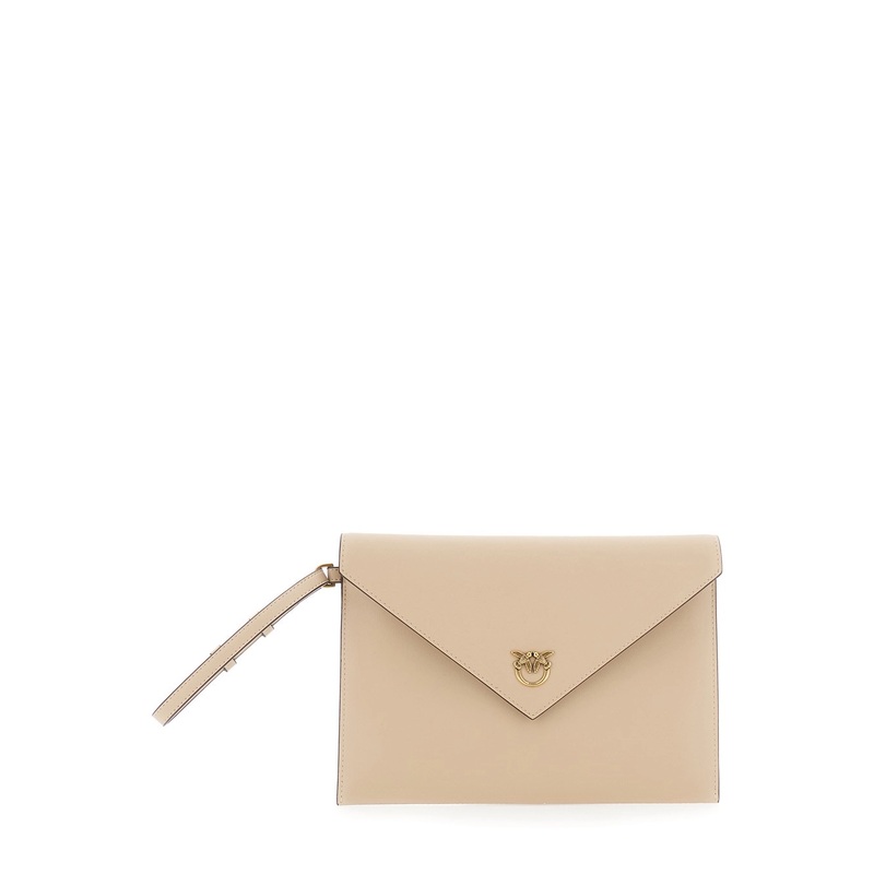 Beige Clutch Bag with Metal Plate and Love Birds Logo in Leather Woman