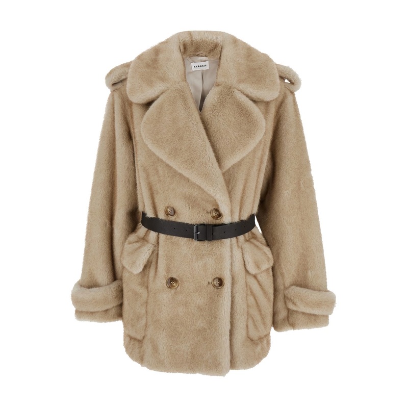 Beige Double-breasted Jacket with Wide Revers and Waistband in Faux Fur  Woman