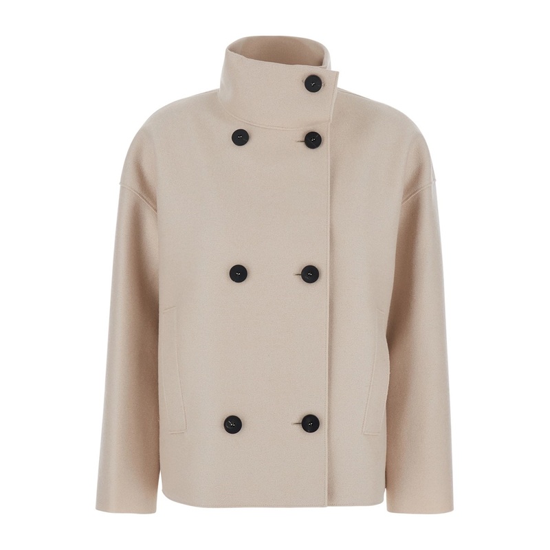 Beige Short Coat with High Neck and Dropped Shoulders in Wool Woman