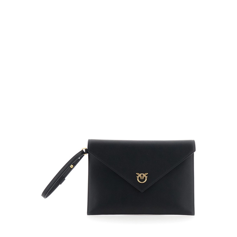Black Clutch Bag with Metal Plate and Love Birds Logo in Leather Woman