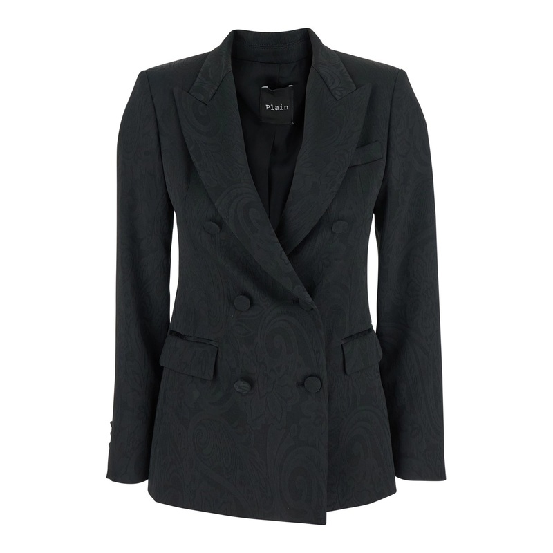 Black Double-breasted Jacket with Damask Effect in Wool Woman