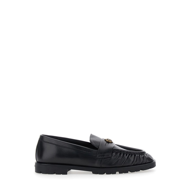 Black Loafers with Metallic Logo on the Front in Crumpled Leather Woman