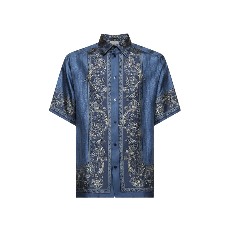Blue silk twill oversized printed shirt