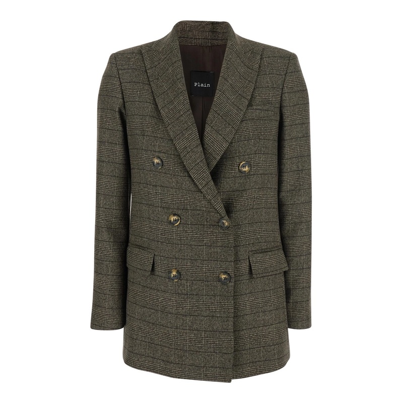 Brown Double-Breasted Jacket with Peak Revers and All-Over Striped Motif in Wool Woman