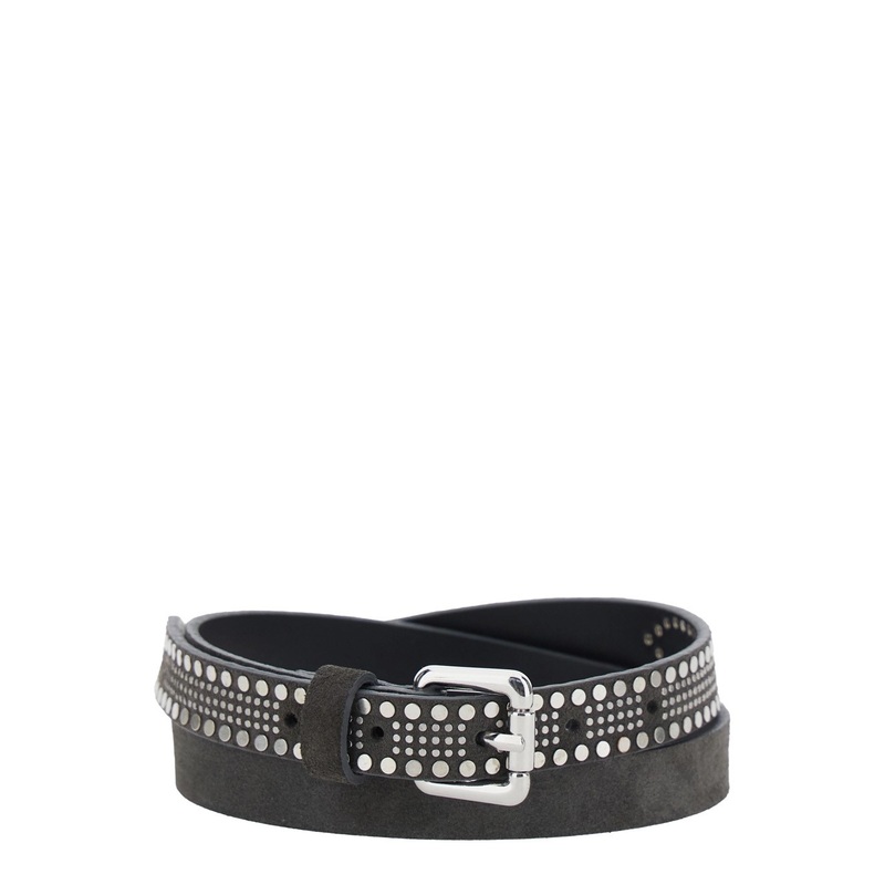 Grey Belt with Stud Embellishments and Square Buckle in Suede Woman