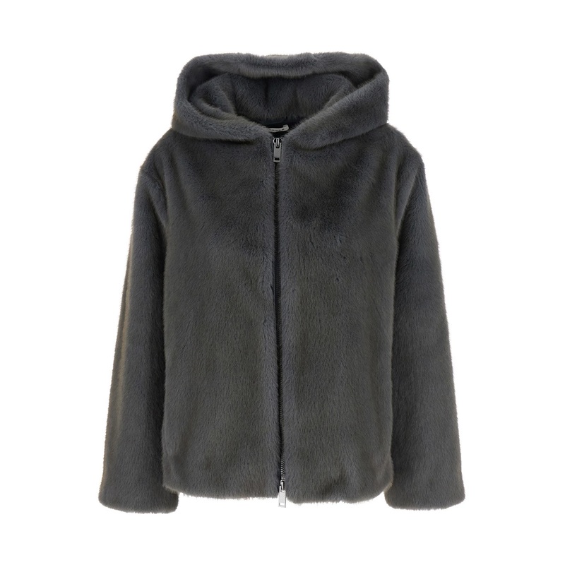 Grey Jacket with Fixed Hood and Zip Fastening in Eco Fur Woman