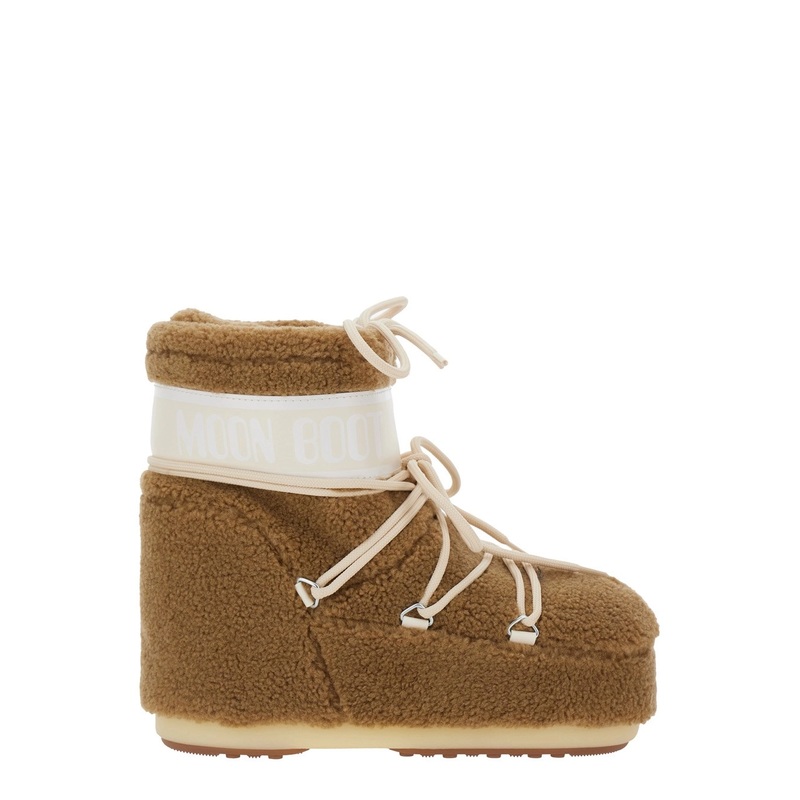 ‘Icon’ Brown Snow Ankle Boots with Maxi Logo Print on the Side in Fleece Woman