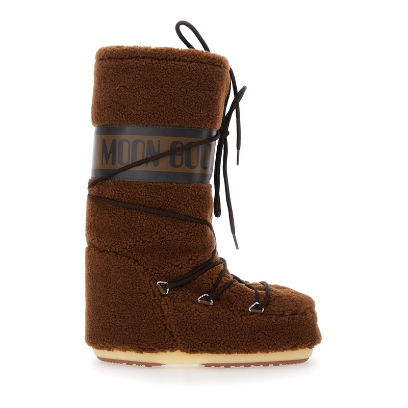 ‘Icon’ Brown Snow Boots with Maxi Logo Print on the Side in Fleece Woman