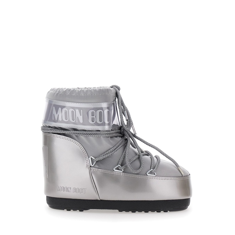 ‘Icon’ Metallic Grey Snow Ankle Boots with Maxi Logo Print on the Side in Tech Fabric Woman