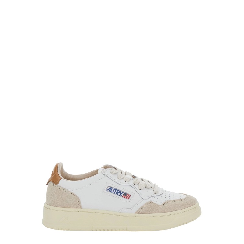 ‘Medalist Low’ White Sneakers with Navy Blue Heel Tab in Leather Woman