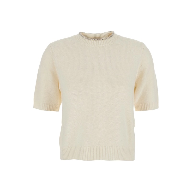 White Pullover with Applied Rhinestones and Ribbed Details in Wool Woman