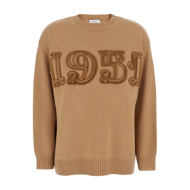 Beige Crew Neck Sweater with Front Embroidery in Wool and Cashmere Blend Woman
